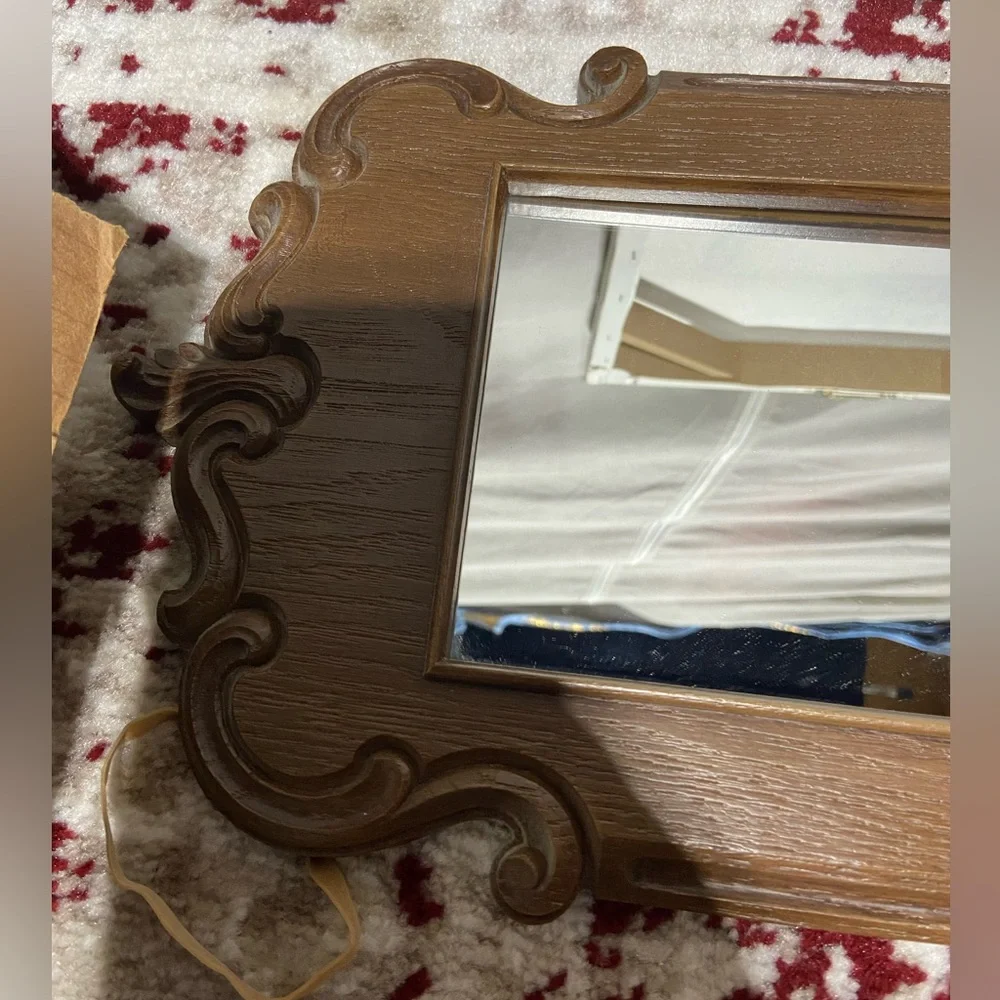 Vintage Ornate Baroque Detail Mirror, Rectangle, Faux Wood Frame.